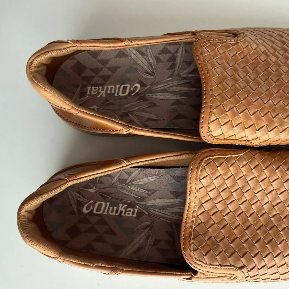 Olukai EUC Lae'ahi Lauhala Woven Leather Slip On Fox Brown Sneaker Loafer 10 M